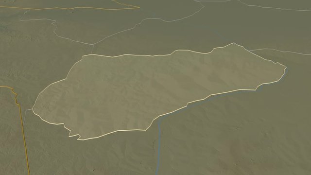 Logone Occidental, region with its capital, zoomed and extruded on the relief map of Chad in the conformal Stereographic projection. Animation 3D