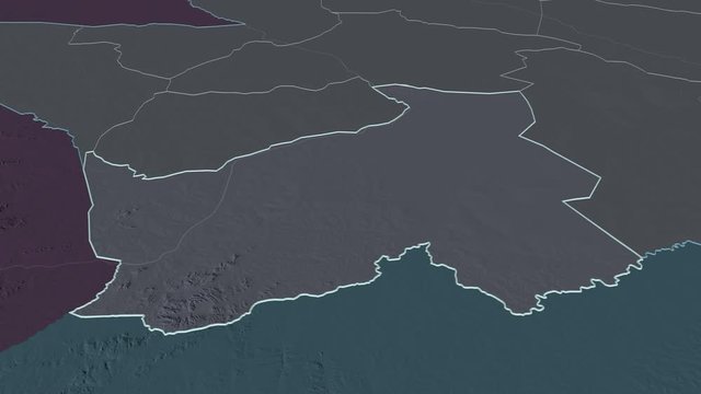 Logone Oriental, region with its capital, zoomed and extruded on the administrative map of Chad in the conformal Stereographic projection. Animation 3D