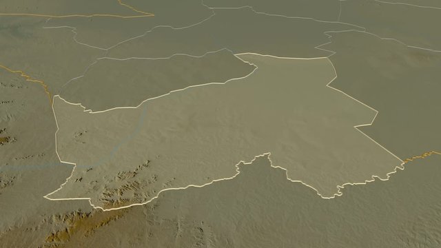 Logone Oriental, region with its capital, zoomed and extruded on the relief map of Chad in the conformal Stereographic projection. Animation 3D