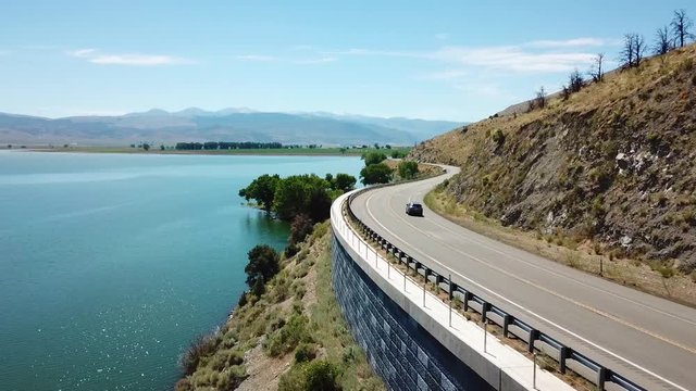 Interstate Route Highway and Car by Topaz Lake Water Reservoir on Nevada California Border, Drone Aerial