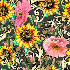 Möbelaufkleber Sunflowers with poppies.Seamless pattern. © Feoktistova