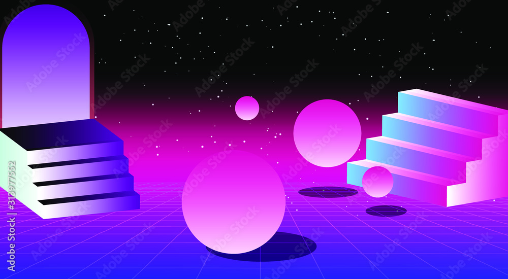 Poster Retrowave/ vaporwave/ synthwave style illustration with staircase and arch on laser grid with floating in zero gravity spheres above. Surreal retrofuturistic backround.