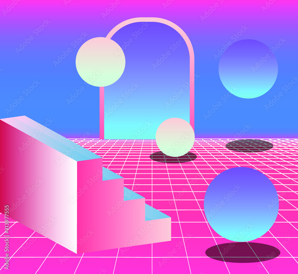 Poster Retrowave/ vaporwave/ synthwave style illustration with staircase and arch on laser grid with floating in zero gravity spheres above. Surreal retrofuturistic backround.