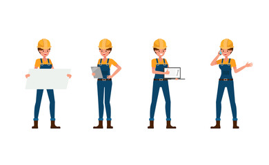 Young builder woman in blue uniform vector character design. no2