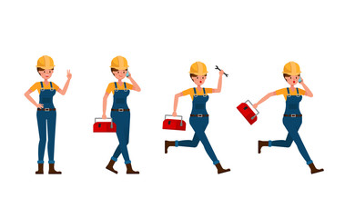 Young builder woman in blue uniform vector character design. no5