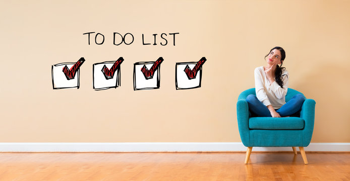 To do list with woman in a thoughtful pose in a chair