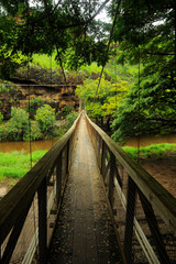Swinging footbridge over lazy Waimea River Kauai Hawaii USA