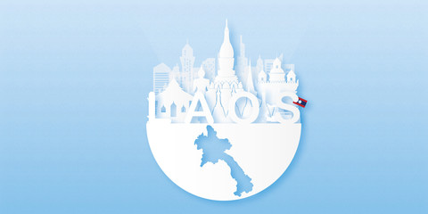 Laos Travel postcard, poster, tour advertising of world famous landmarks in paper cut style. Vectors illustrations