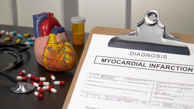Myocardial Infarction patient diagnosis on a medic office with pills, stethoscope and anatomy models. Camera panning reveling the notebook with the medical record copy.