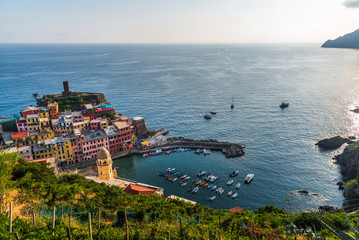 View at Vernazza village in Cinque Terre, Italy, with its traditional colorful houses and Ligurian Sea coast