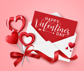 Valentine love letter vector background design. Happy valentines day greeting text in card with white envelope and red heart shape candies with ribbon element in pink background. Vector illustration.