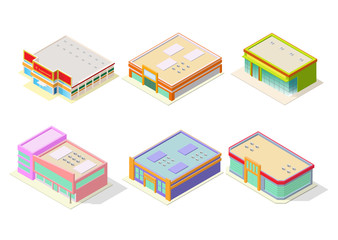 supermarket or shopping mall building icon set