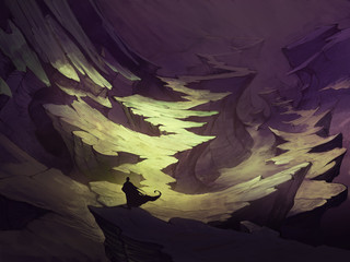 Obraz premium Oryginalny cyfrowy dziwaczny krajobraz fantasy ze skałami i klifami z postacią ludzką w długiej pelerynie stojącej z przodu