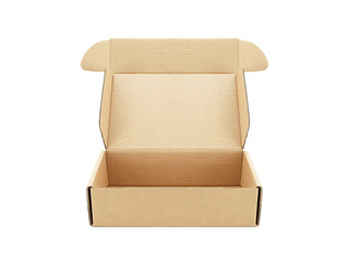 close up single carton box open empty isolated on white background, brown parcel cardboard box for packages delivery