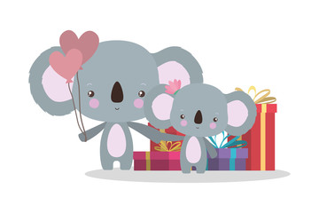 Cute koalas with gifts vector design