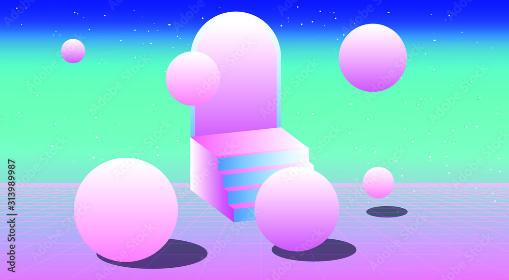 Aufkleber Retrowave/ vaporwave/ synthwave style illustration with staircase and arch on laser grid with floating in zero gravity spheres above. Surreal retrofuturistic backround.