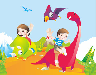 Obraz na płótnie Canvas kids riding the dinosaurus vector illustration