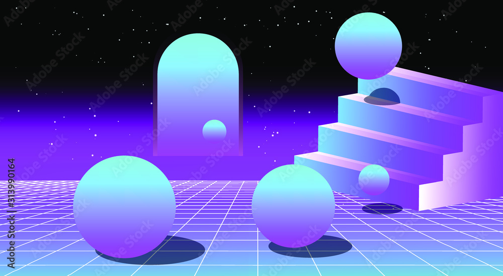 Aufkleber Retrowave/ vaporwave/ synthwave style illustration with staircase and arch on laser grid with floating in zero gravity spheres above. Surreal retrofuturistic backround.