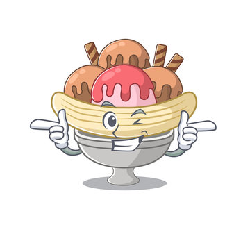 Mascot Cartoon Design Of Banana Split With Wink Eye