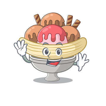 Waving friendly banana split cartoon character design