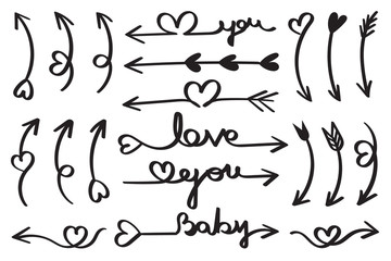 Fototapeta na wymiar Hand drawn arrows vector icons set. Arrow design for love , Wedding and valentine day 