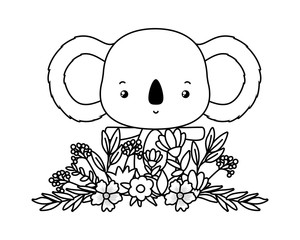 Cute koala with flowers and leaves vector design