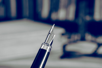 Ein Füllfederhalter und Bücher im Hintergrund