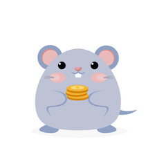 cute blue rat character hold golden coin on white background illustration vector
