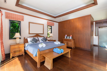 interior  bedroom with blue bedsheet  of the house