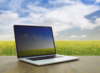 pc on table, fields