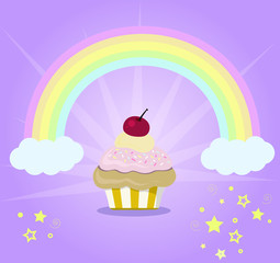 Muffin with cherry and rainbow.