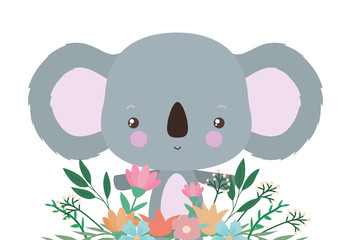 Cute koala with flowers and leaves vector design