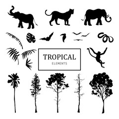 Set of black wild animals and trees. Silhouette style. Vector illustration.  