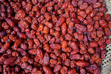 Group stacks of dried red Chinese dates