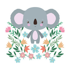 Cute koala with flowers and leaves vector design