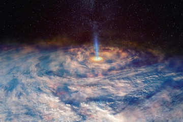 Giant hurricane from the space with light beam from the milky way. Elements of this image furnished...