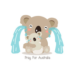 Pray for Australia. Koala bear and her baby crying vector illustration.