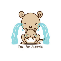 Pray for Australia. Kangaroo and her baby crying vector illustration.