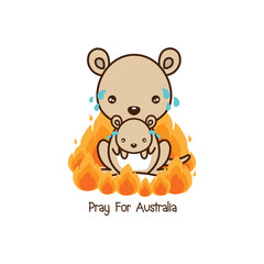 Pray for Australia. Kangaroo and her baby crying among forest fire. Cartoon flat illustration