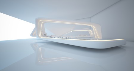 Fototapeta premium Abstract architectural white smooth interior of a minimalist house with swimming pool and neon lighting. 3D illustration and rendering.