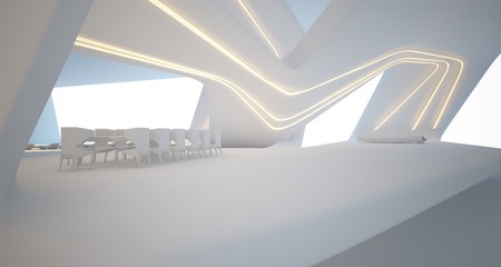 Abstract architectural white smooth interior of a minimalist house with swimming pool and neon lighting. 3D illustration and rendering.