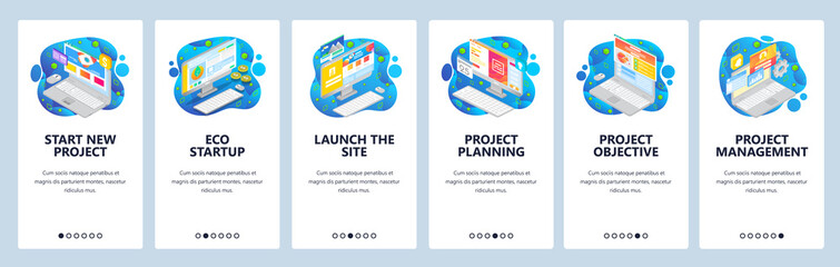 Launch new business online, project management, eco startup. Mobile app onboarding screens. Menu vector banner template for website and mobile development. Web site design flat illustration