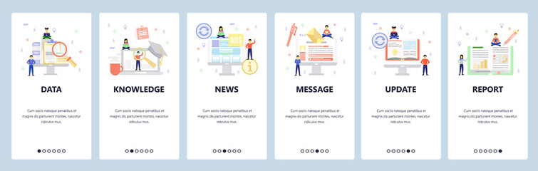 Business icons, data search, online book, news, financial report. Mobile app onboarding screens. Menu vector banner template for website and mobile development. Web site design flat illustration
