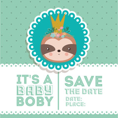 Baby shower invitation with sloth cartoon vector design