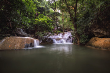 Fototapeta na wymiar Beautiful Nature Scenic of Waterfall in Rainy Season Forest, Amazing Green Natural Landscape Scenery of Water Falls in Tropical. Paradise Fall With Emerald Pool in Jungle, Travel Place/ Outdoors