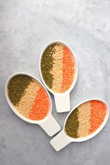 Beautiful Indian tricolor flag or tiranga flag is made out of pulses or lentils for the occasion of Indian Republic day or Independence day. Copy space