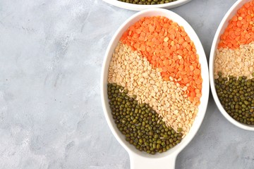 Beautiful Indian tricolor flag or tiranga flag is made out of pulses or lentils for the occasion of Indian Republic day or Independence day. Copy space
