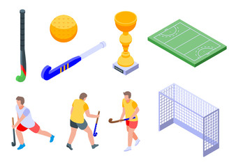 Field hockey icons set. Isometric set of field hockey vector icons for web design isolated on white background