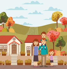 Obraz na płótnie Canvas Mother father daughter son houses and trees vector design