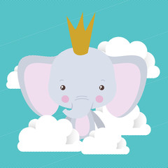 Cute elephant with crown and clouds vector design